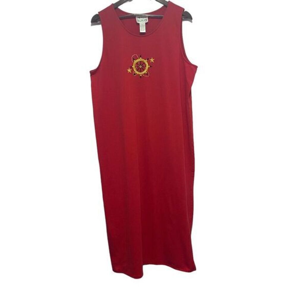 Quacker Factory Dress‎ Womens 1X Red Nautical Cruise Sleeveless Knit Midi Plus